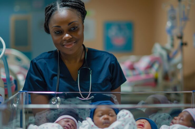 nurse navy blue scrubs caring newborn babies modern hospital nursery with incubators medical equipment she is looking babies with smile healthcare care theme generative ai_1269098 7747